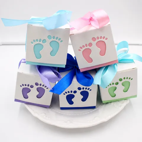 European Hollow Out Baby Footprint Paper Candy Box With Ribbon Bowknot Gift Treat Box For Kids Birthday Baby Shower Wedding Party Favors Box
