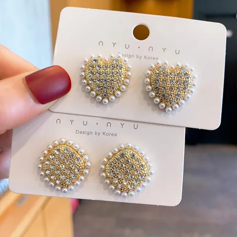 Mode Legierung Strass Künstliche Perle Geometrische Ohrstecker Mit 925 Sterling Silber Stift Gold Schmuck Für Damen