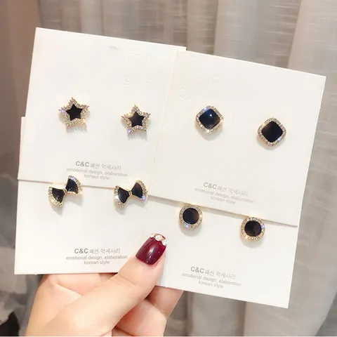Minimalistisch Legierung Strass Geometrisch Ohrstecker 925 Silber Ohrstecker-Stift Schwarze Mitte Modeschmuck Geschenk für Damen