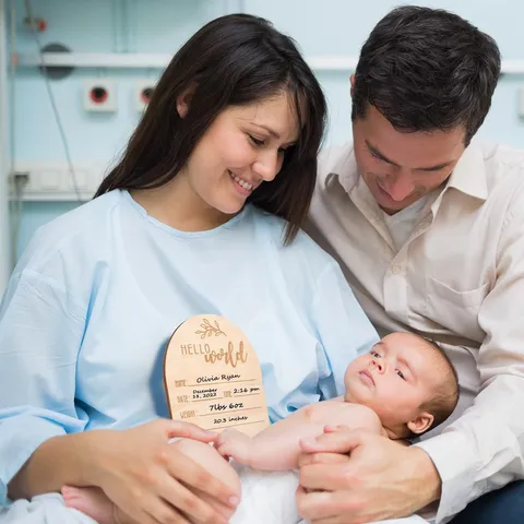 Plaque Jalon Bébé en Bois Double Face Hello World Panneau Annonce Naissance Nouveau-né Avec Support Décoration Chambre Bébé