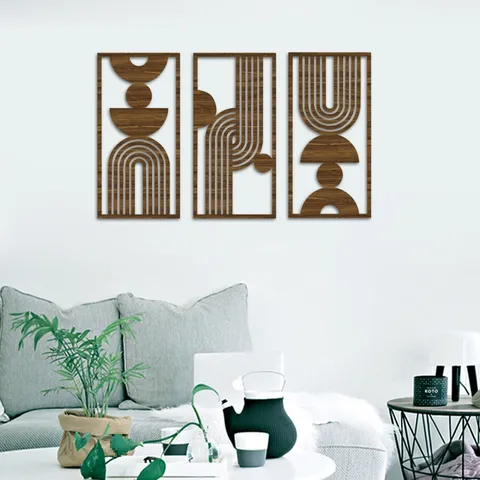 Art Mural en Bois Géométrique Abstrait Minimaliste Décor Suspendu Boho Ensemble Moderne Salon Maison Ornement Mural