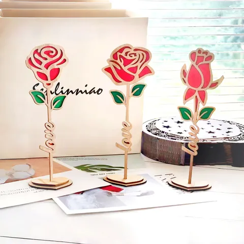 Adorno de Amor de Flor de Rosa de Madera Centro de Mesa de Arte Romántico San Valentín Hogar Boda Decoración de Escritorio Regalo