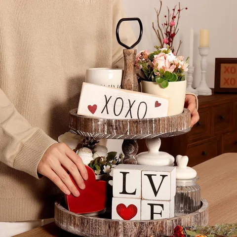 Hölzerne Valentinstag St Patrick Tag Tischdekoration Liebe Glück Holzblock Schild Schicht Tablett Dekor Zuhause Tisch Ornament Geschenk