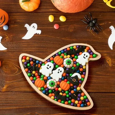 Creatief Houten Dienblad Halloween Vleermuis Heksenhoed Esdoornblad Serveerblad Feestelijk Dessert Presentatie Schaal Woondecoratie