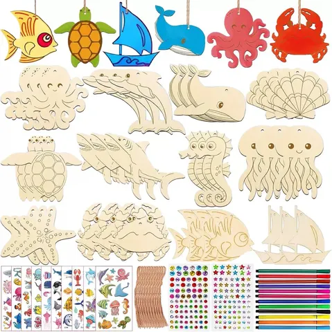 Kids DIY Wooden Craft Kits Educational Assembly Toys Handmade Painting Toy Set with Diamond Stickers Markers for Family