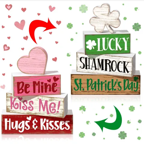 Double Sided Wooden Table Centerpiece Tiered Tray Decor Valentine Day St Patrick Day Rustic Wood Sign Home Decor
