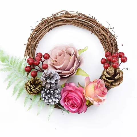 Couronne de Vigne en Rotin Naturel Fait Main Guirlande de Noël DIY Décoration Intérieure Ornement d'Artisanat