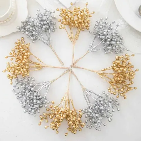 Christmas Artificial Flowers Baby Breath Berry Stems Gold Silver Glitter Garland DIY Decor Craft Floral Arrangement