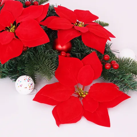 Red Artificial Poinsettia Flower Silk Christmas Tree Decoration Garland Wreath Floral Arrangement Holiday Party Home Decor