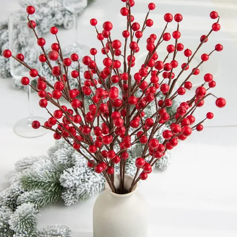 Artificial Red Berry Stems Holly Berries Branches Fake Fruit For Christmas Tree Wreath DIY Floral Arrangement Home Decor