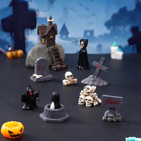 Halloween Micro Landscape Resin Ornaments Skeleton Ghost Horror Tree Tombstone Miniature Figurine DIY Desktop Decor Party Supplies