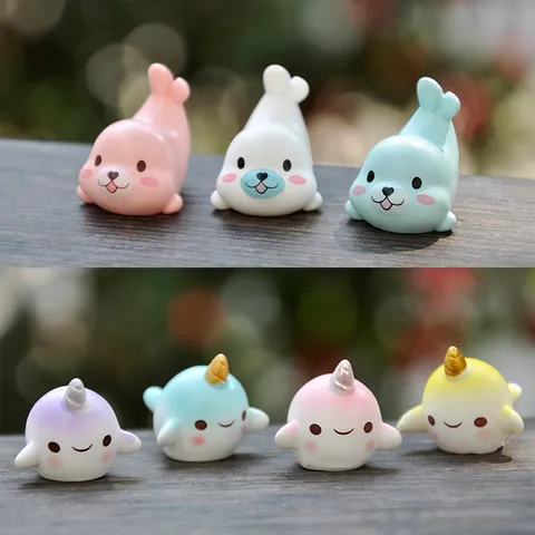 Mini Resin Marine Animal Figurine Cute Seal Narwhal Toy Aquarium Micro Landscape Decoration Desktop Ornament