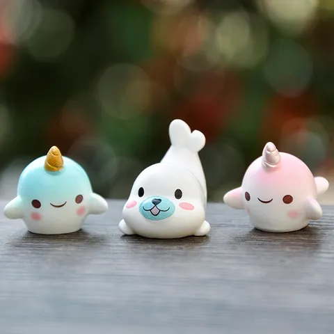 Mini Resin Marine Animal Figurine Cute Seal Narwhal Toy Aquarium Micro Landscape Decoration Desktop Ornament