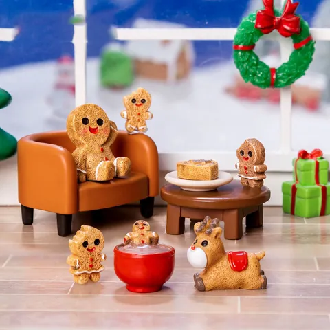 Christmas Gingerbread Man Miniature Resin Figurines Snow Scenery DIY Tabletop Ornaments Holiday Home Decor Party Supplies