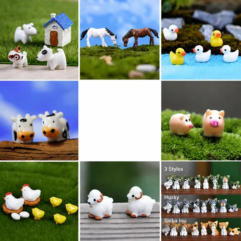 Mini Cartoon Animal Resin Ornaments Micro Landscape Miniature Figurines Cute Dog Cat Duck Horse Pig Chicken Garden Decor