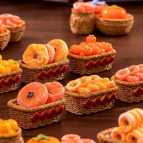 Miniature Persimmon Resin Figurine Cute Cartoon Fruit Micro Landscape Desktop Ornament Home Decor Craft