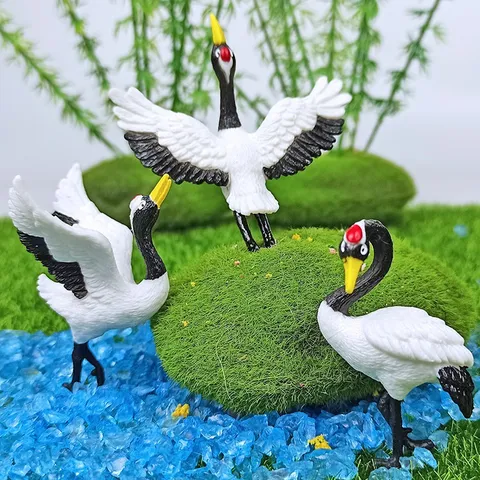 Mini Simulation Red Crowned Crane Resin Figurine Micro Landscape Ornament Bonsai Succulent Potted Plant Decor