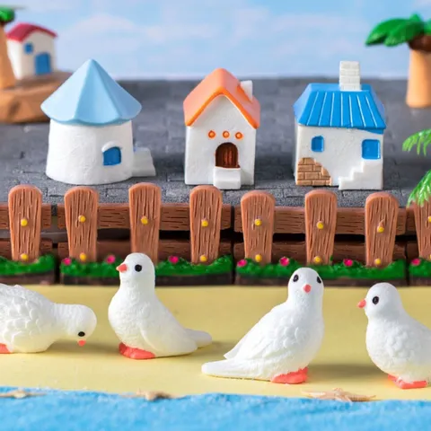 Mini Micropaisaje Resina Miniatura Casa Paloma Árbol de Coco Figura DIY Jardín de Hadas Terrario Decoración