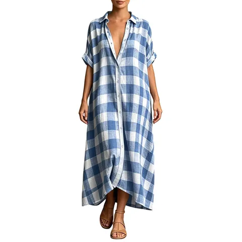 Women's Casual Cotton Blend Plaid Maxi Dress Turn-Down Collar Single-Breasted Short Sleeve Loose Vacation Long Dress
