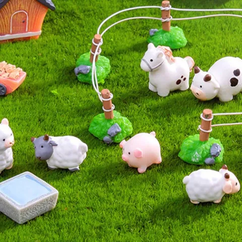 Microlandschap Boerderij Serie Hars Dier Ornamenten Leuke Miniatuur Huis Schaap Koe Varken Paard Tuin DIY Ambachten Decor