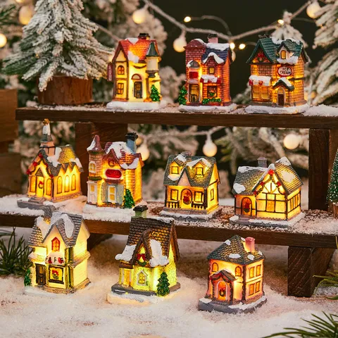 Christmas Resin Luminous Miniature House LED Light Snow Scenery Building Desktop Ornament Festive Home Decor Gift