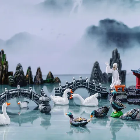 Micro Landscape Simulation Resin Rockery Pavilion Bridge Duck Goose Figurine Miniature Bonsai Tea Table Desktop Ornament