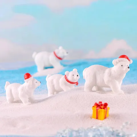 Christmas Polar Bear Resin Figurine Red Hat Scarf Micro Landscape Ornament Cake Topper Desktop Festive Decoration
