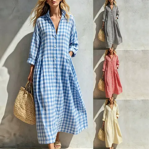 Women Casual Plaid Long Sleeve Lapel Single-Breasted A-Line Midi Dress Elegant Commuter Spring Fashion Polyester Dress