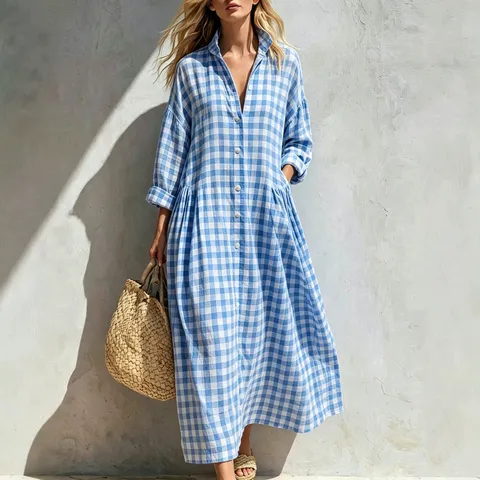 Women Casual Plaid Long Sleeve Lapel Single-Breasted A-Line Midi Dress Elegant Commuter Spring Fashion Polyester Dress