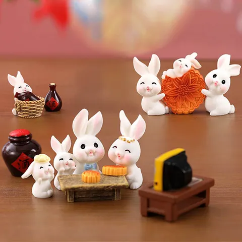 Cute Cartoon Rabbit Resin Micro Landscape Ornaments Miniature Figurine Desktop Decor Craft