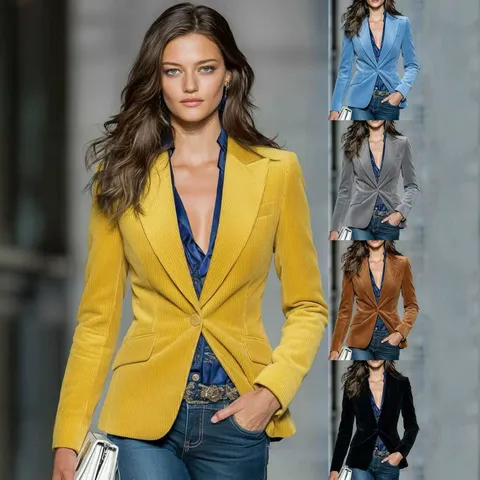 Women Casual Corduroy Blazer Solid Color Long Sleeve Single Button Lapel Slim Fit Outerwear Office Lady Suit Jacket