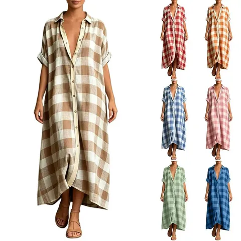 Women's Casual Cotton Blend Plaid Maxi Dress Turn-Down Collar Single-Breasted Short Sleeve Loose Vacation Long Dress