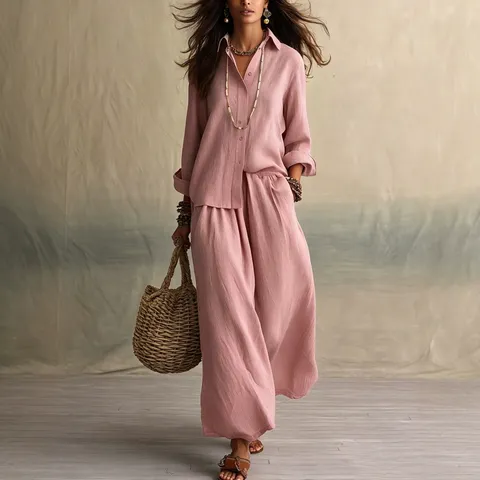 Women Casual Shirt Collar Long Sleeve Top And Wide Leg Pants Set Solid Color Loose Polyester Outfit Elegant Apparel