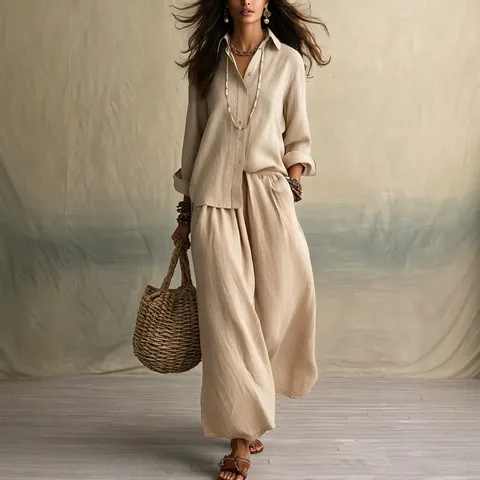Women Casual Shirt Collar Long Sleeve Top And Wide Leg Pants Set Solid Color Loose Polyester Outfit Elegant Apparel