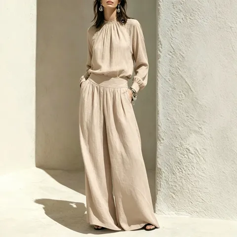 2026 New Autumn Women Casual Loose Long Sleeve Top And High Waist Wide Leg Pants Elegant Cotton Blend Matching Set