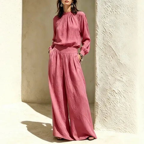2026 New Autumn Women Casual Loose Long Sleeve Top And High Waist Wide Leg Pants Elegant Cotton Blend Matching Set