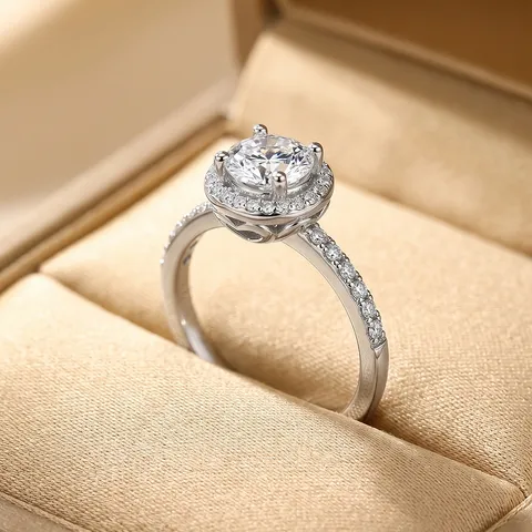 925 Sterling Silver Moissanite Lab Grown Diamond Ring Round Halo Engagement Wedding Ring D Color For Women Jewelry