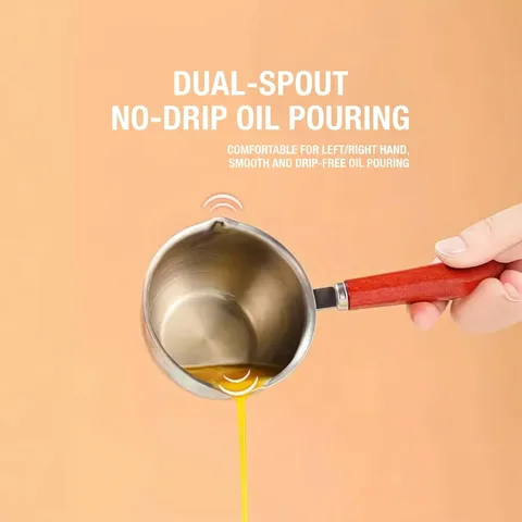 304 Stainless Steel Oil Pouring Pot Household Induction Cooker Hot Oil Spoon With Wooden Handle Double Spouts Cooking Pot