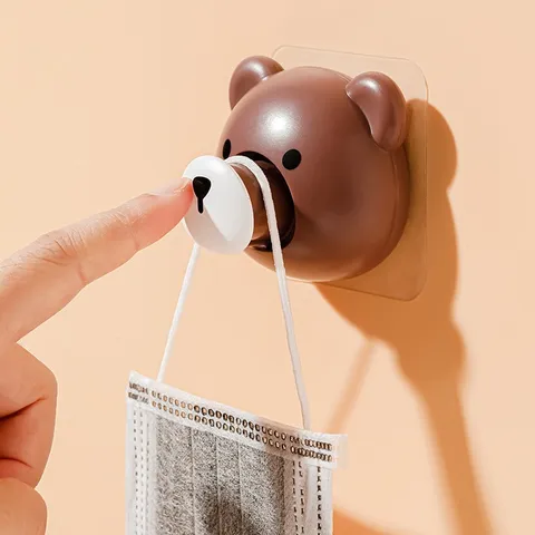 Cute Cartoon Bear Retractable Adhesive Hook Wall Mounted No Punch Cable Wire Organizer Face Mask Key Storage Rack Hanger Holder Home Decor