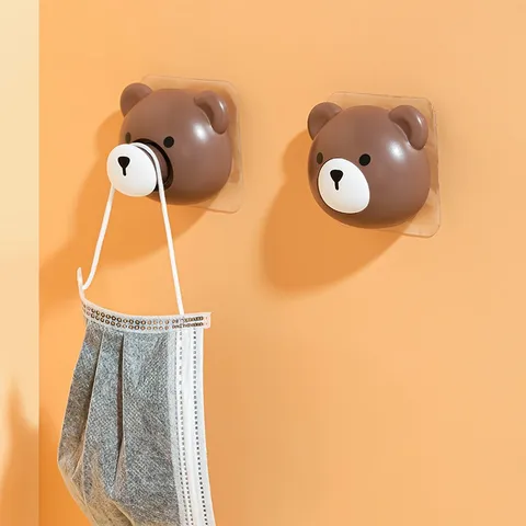 Cute Cartoon Bear Retractable Adhesive Hook Wall Mounted No Punch Cable Wire Organizer Face Mask Key Storage Rack Hanger Holder Home Decor