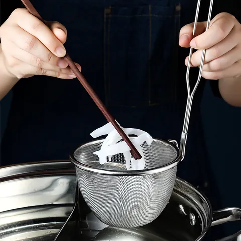 Stainless Steel Hot Pot Strainer Fine Mesh Skimmer Ladle With Long Handle Japanese Style Deep Sifter For Noodles Frying Cooking Tool