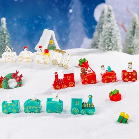 Miniature Christmas Train Snowman Bear Tree Resin Ornaments Micro Landscape DIY Snow Scene Decor Festive Home Desktop Accessories