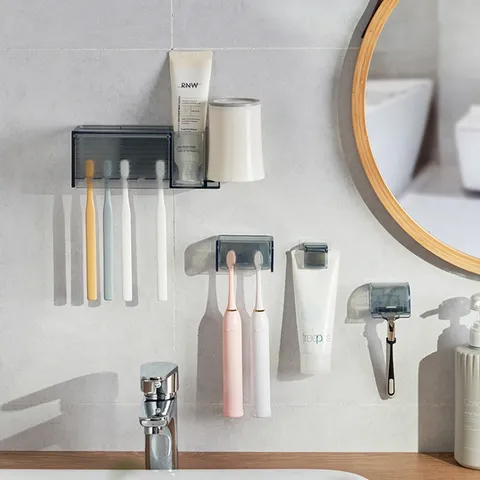 Portaspazzolino da Parete Scaffale da Bagno Senza Foro Spremi Dentifricio Porta Rasoio Organizzatore Bagno Impermeabile