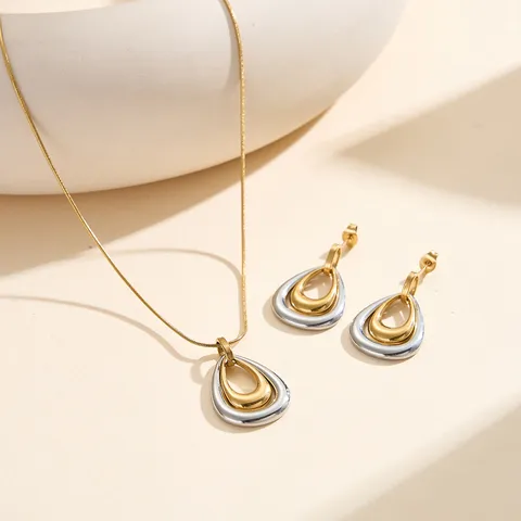 Juego de Joyas de Gota de Agua Anidado de Acero Inoxidable Bicolor para Mujer Oro Plata Colgante Geométrico Pendientes de Botón