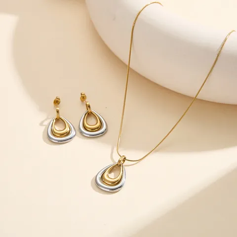 Juego de Joyas de Gota de Agua Anidado de Acero Inoxidable Bicolor para Mujer Oro Plata Colgante Geométrico Pendientes de Botón