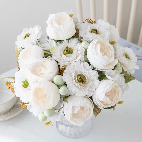 Artificial Flower Bouquet Silk Rose Peony Arrangement With Glass Vase Home Living Room Table Dining Decorative Ornament