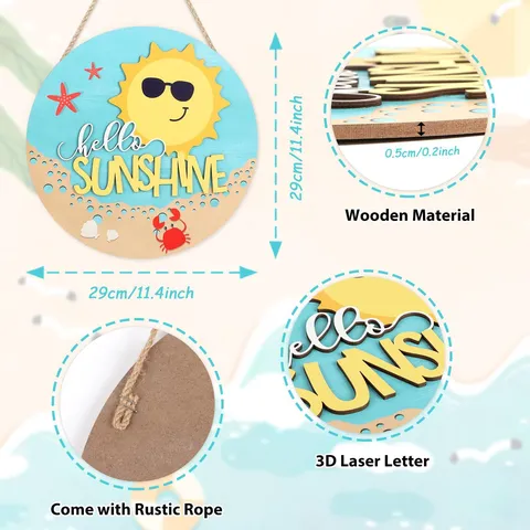 Summer Ocean Beach Hanging Wooden Sign Coastal Beach Theme Home Wall Decor Round Wood Plaque