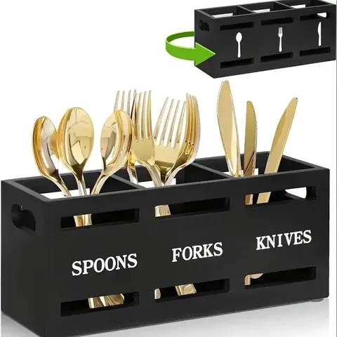 Wooden Cutlery Storage Box Rectangular Kitchen Tableware Organizer With Three Compartments Hollow Design
