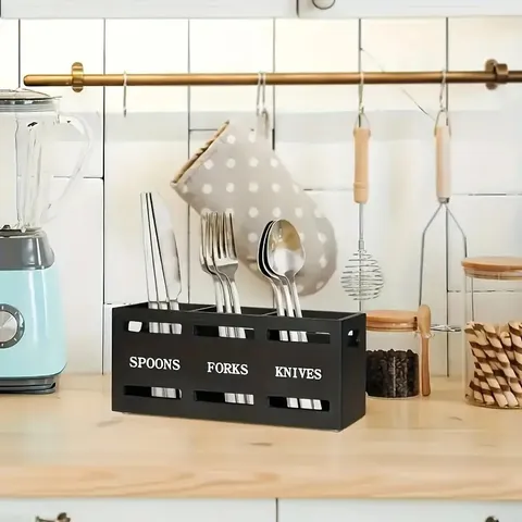 Wooden Cutlery Storage Box Rectangular Kitchen Tableware Organizer With Three Compartments Hollow Design