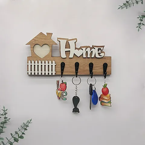 Portachiavi da Parete in Legno per Ingresso Decorazione Murale con Ganci Metallici e Targhetta per Organizzazione Domestica